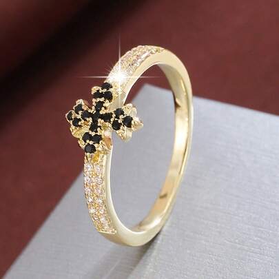 1枚经典十字叶形设计立方氧化锆镶嵌时尚戒指，女士款