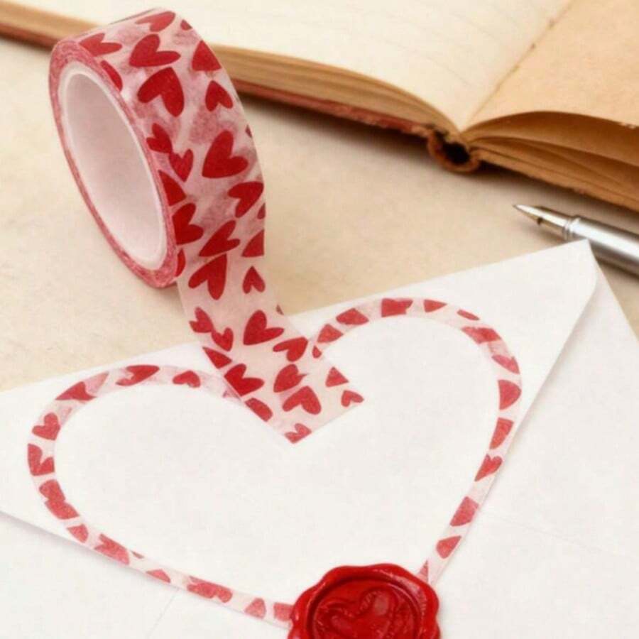 1 Roll Heart Pattern Washi Tape, Red & White Heart Design Washi Tape For Back To School Season - A - View 1