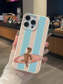 Ốp điện thoại hình khỉ lướt sóng mùa hè, chất liệu giả da sọc xanh hồng, chống trầy xước, chống trượt, chống sốc, kiểu dáng hoạt hình dễ thương, phong cách bãi biển dành cho nữ, tương thích với iPhone 17 Pro Max/ 17, món quà lý tưởng cho sử dụng hàng ngày và các dịp lễ, tương thích với các loại ốp và Galaxy. - trắng - Xem 2