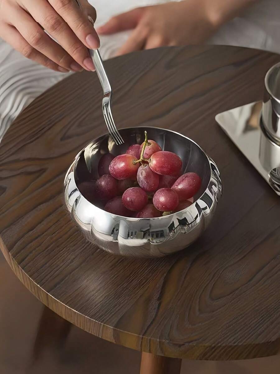 1 pieza Tazón redondo de acero inoxidable con rayas verticales, tazón de acero inoxidable retro para fruta, yogur, avena, frutos secos, frutas deshidratadas, aperitivos, elegante decoración para almacenamiento de joyas, adecuado para comedor, sala de estar, dormitorio, reuniones - Plateado - Ver 1