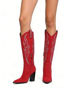 Knee High Cowboy Boots For Women Pointed Toe Chunky High Heels Pull-On Embroidered Boots Western Boots Wide Calf Cowgirl Boots - Màu đỏ C - Xem 7