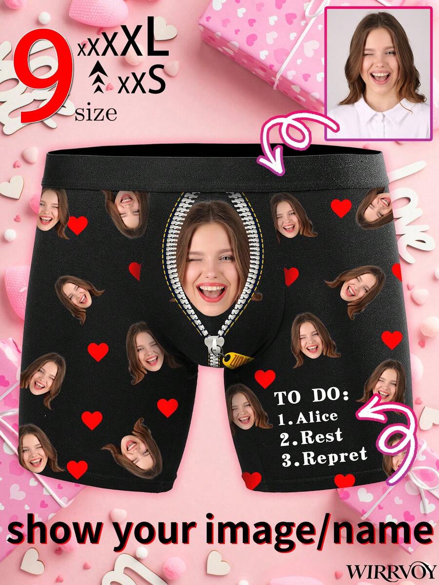 1pc Customized Face Print Men's Briefs, Personalized Underwear, Funny Face Printed Briefs, Anniversary/Valentine's Day/Birthday/Wedding/Best Friend/Boyfriend/Husband/Men's Gift - Black - View 1