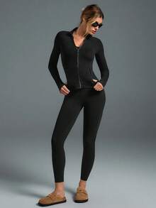 Slim-It Streamline Performance Secure Pockets Zip Up Long Sleeve Jacket Low Impact Yoga Daily Fall Glowmode Gym Clothes Women - 黑色 - 查看 8