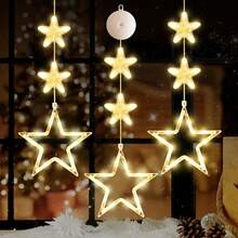 1 pieza Luz de ventosa con estrella y luna, lámpara de ventosa con estrella, luz brillante de estrella, luces de cadena LED para interiores, estrella y luna realistas, luz de decoración de ventana montada en la pared, adecuada para dormitorio, sala de estar, ventanas, boda, cumpleaños, San Valentín, fiesta, pasillo, balcón, jardín, camping, decoración del hogar, regalo festivo, funciona con pilas (pilas no incluidas) - Luz cálida - Ver 12
