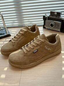 Men's Camel Basic PVC Lace-Up Skate Shoes, Outdoor Letter Striped Casual Sneakers - Camel - View 8