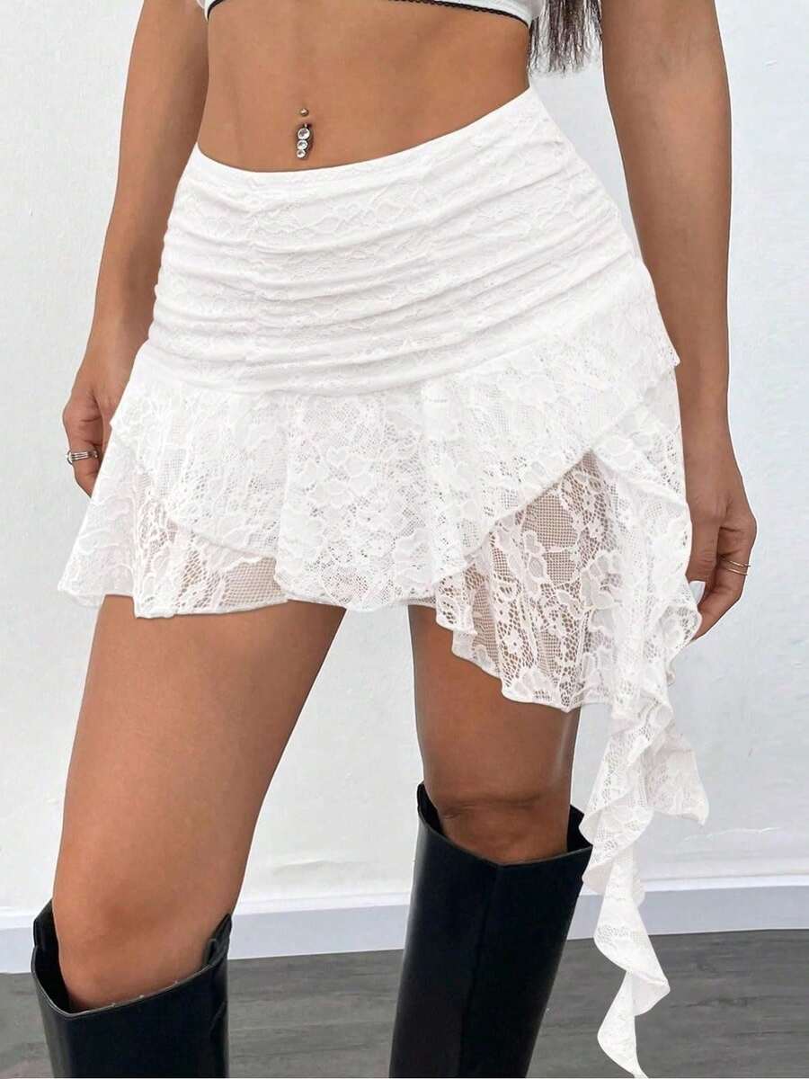 Women Y2K Lace Mini Skirt Low Rise Pleated Ruffle Asymmetrical Layered Fairy Short Skirt - 白色 - 查看 1