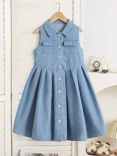 Tween Girls' Light Blue Denim Sleeveless Knee-Length Dress, Casual Sweet Minimalist Style, Summer
