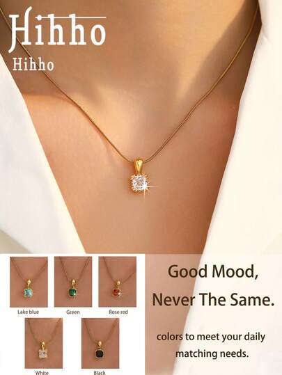 一件式小众设计多色方形锆石吊坠项链，蛇骨链，优雅颈链，送给女友/闺蜜的百搭礼物，周年纪念日礼物