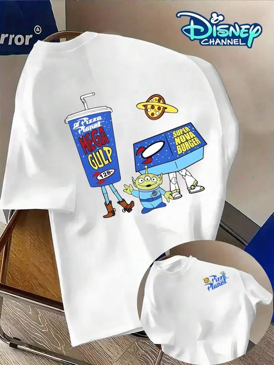 Authorized By Disney, Disney Toy Story Pizza Restaurant Pattern T-Shirt, Regular Version Of Summer Street Clothes, Disney Short Sleeves, Perfect Gift For Fans, Pop Culture Clothes, Bright Prints, Durable Fabrics, Role Theme Tops. - 白色 - 查看 1