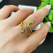 1pc Personalized Sexy 18K Gold Textured Snake Skin Double Layer Open Stainless Steel Ring, Suitable For Women's Party And Banquet Wear - Gold - View 5