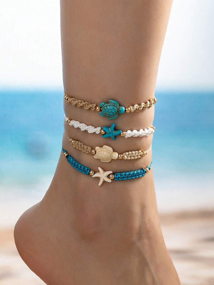 1 Pc Boho Bohemian Handwoven Sea Turtle Starfish Anklet - Adjustable Beach Foot Jewelry For Women, Vocation Chic Style Anklets Set - Multicolor - View 1