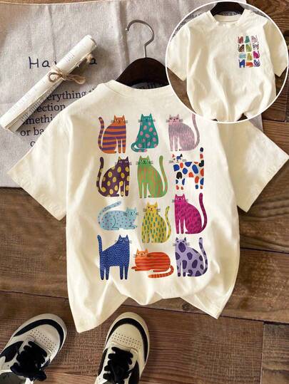 Casual Plus Size Regular Sleeve Tee Featuring Fun Multi-Colored Cat Pattern, Comfortable High Stretch Fabric