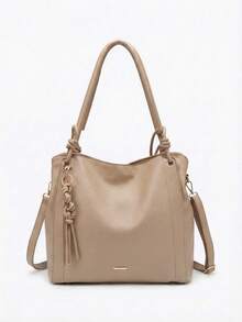 Minimalist Hobo Shoulder Bag With Slouchy Knot And Tassel Detail, Large Capacity - Beige - View 1