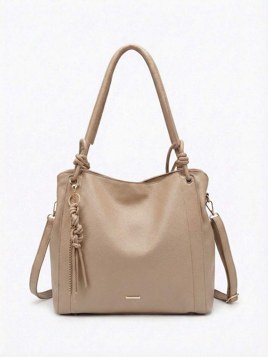 Minimalist Hobo Shoulder Bag With Slouchy Knot And Tassel Detail, Large Capacity - Beige - View 1
