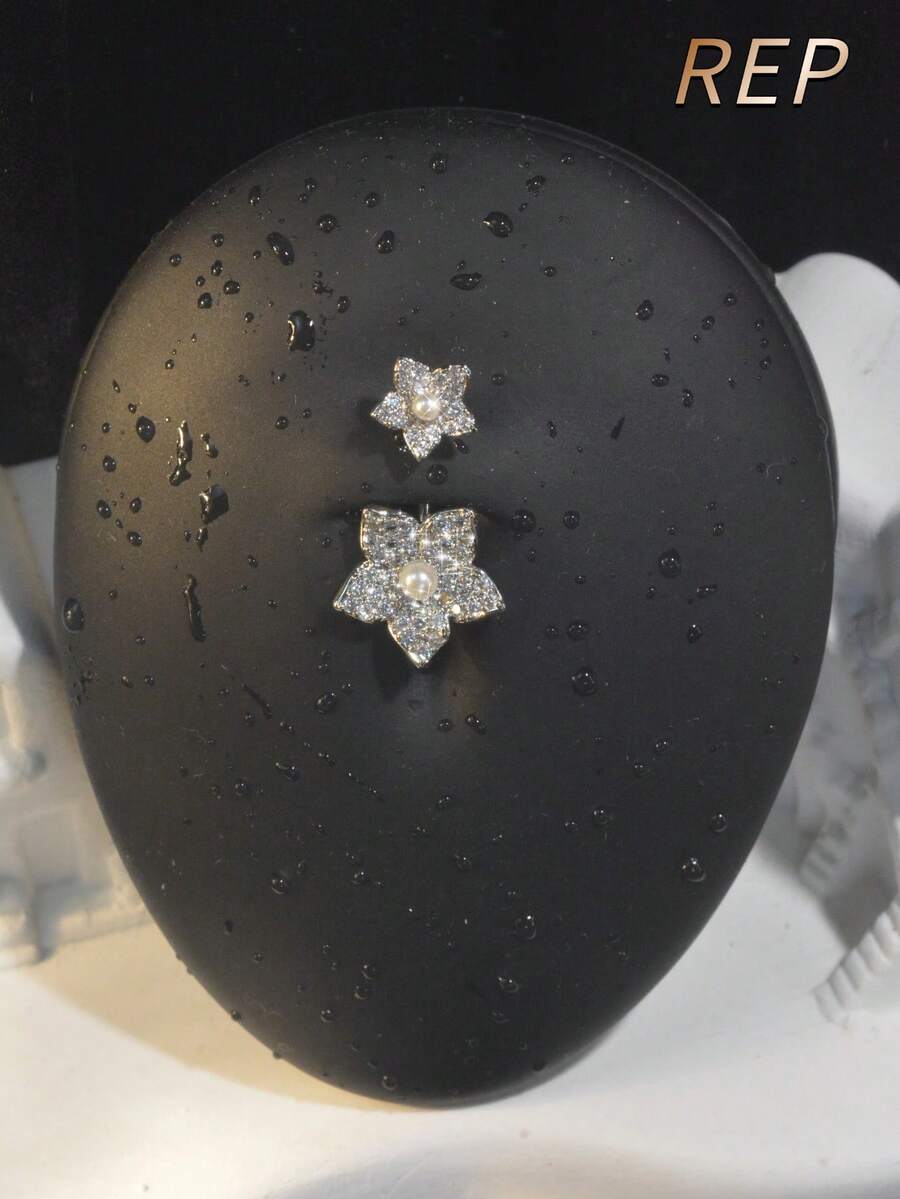 1件优雅立方氧化锆花朵造型穿孔肚脐环，银色肚脐环，适合女性日常、约会、派对佩戴，不锈钢饰品 - 彩色 - 查看 1