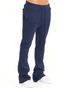 Mens Casual Tech Fleece Solid Stacked Sweat Pants - Navy Blue - View 2