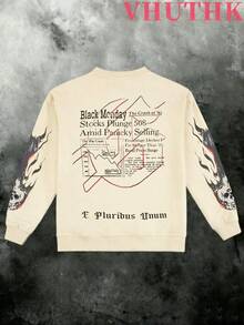 VHUTHK (250g Pure Polyester Round Neck Pullover Sweater)"Godspeed" Skeleton Reading Newspaper Double Sided Digital Printing, Filament Effect  Y2K Men's Round Neck Sweater In Autumn And Winter. - 杏色 - 查看 3