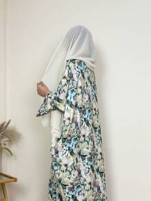 2 chiếc áo choàng Abaya in họa tiết thanh lịch, tay áo xẻ, có khăn trùm đầu, phù hợp cho phụ nữ, thể hiện sự duyên dáng, thời trang và thanh lịch thường ngày - màu xanh lá - Xem 4