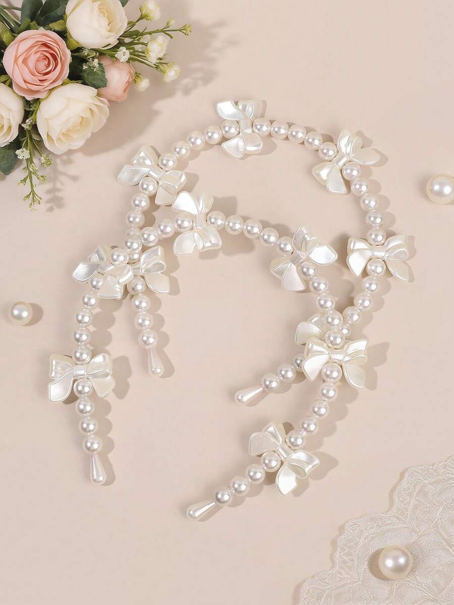 2pcs/Set Women Pearl Headband, Elegant Pearl Hairband With Bow, Graceful Wedding/Holiday Headpiece, Gift For Ladies - Beige - View 1