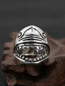 1pc Men's Fashionable Retro Personalized Hip-Hop Creative Summer Beach Shark Shaped Ring, Wedding Engagement Party Jewelry Gift - Shark - View 24