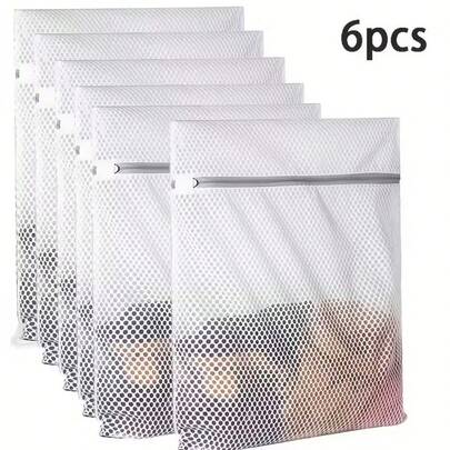6个装耐用蜂窝网布洗衣袋 | 可重复使用防缠绕收纳袋，带拉链，尺寸12x16英寸，适用于内衣、衣物、牛仔裤、毛巾、袜子等 - 涤纶材质，可机洗，多用途，是旅行、露营和居家收纳的理想之选