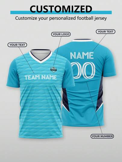 1PC Customized Cyan Striped Football Training And Competition Uniforms For The 2026 World Cup. These Soccer Uniforms Can Be Personalized With Names, Numbers, Team Names And Team Logos (Front/Back), Suitable For Football Training, Matches And Team Sports.