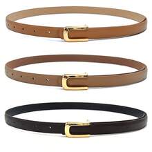 女士时尚装饰腰带，高品质黑色U型扣细皮带 LR2529 - 卡其色 - 查看 2