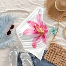 Women's Asymmetric/Asymmetrical Ruffle Hem Floral Print Lily Casual Shoulder Top White - White - View 2