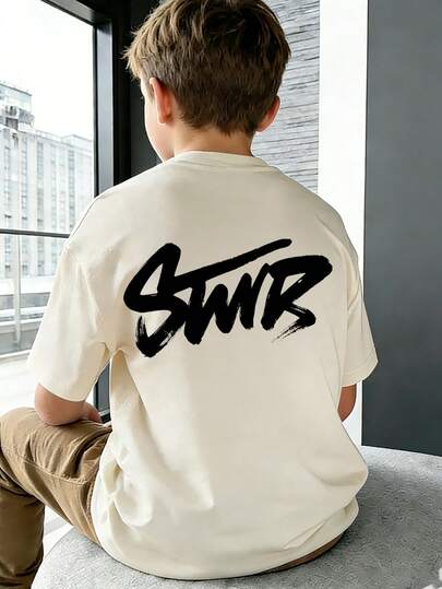 1 pieza Camiseta de manga corta con estampado informal para niño preadolescente, top de verano para estudiantes jóvenes