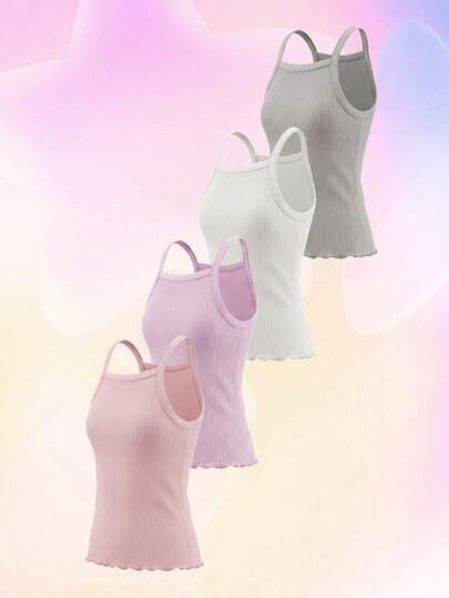 4pcs/Set Teenage Girls' Summer Casual Solid Color Ribbed Camisole, Fitted Sleeveless Sports Tops In Multiple Colors, Suitable For Layering And Daily Wear