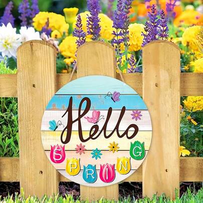 1pc Wooden Welcome Spring Round Plaque, Hello Spring Theme, Fresh Colorful Butterfly, Flower, Tulip Pattern, Spring Festival Decor, Front Door Porch Entryway Greeting Sign, Farmhouse Style Home Wall Decor