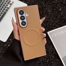 极简商务荔枝纹PU皮革电镀折叠手机壳，兼容三星Galaxy Z Fold 7/6/5/4/3 – 支持无线充电，全方位保护防震后盖 - 芥末黃 - 查看 4