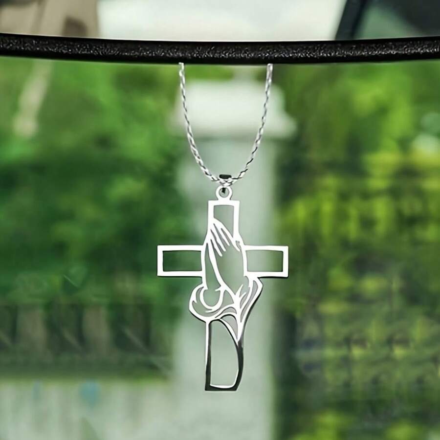 1 pieza Adorno colgante de cruz de acero inoxidable para mujeres, colgante de oración de fe cristiana de acero de titanio, decoración duradera de acero de titanio para colgar en el espejo retrovisor del coche, accesorio de espejo retrovisor del coche con cruz de Jesucristo - A - Ver 1