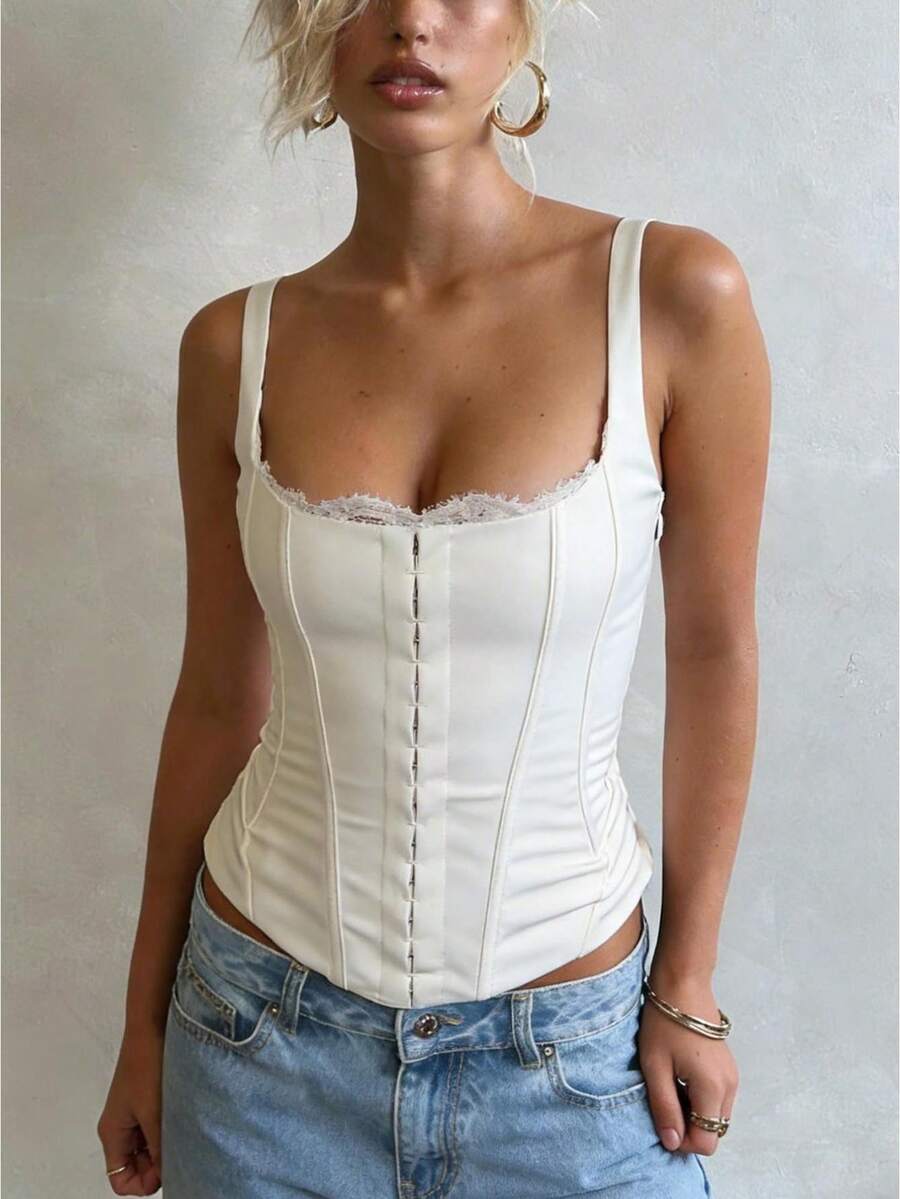 Womens Spaghetti Strap Sculpting Corset Top, Off Shoulder Zip Front Slim Fit Tank For Going Out And Party Wear - White - View 1