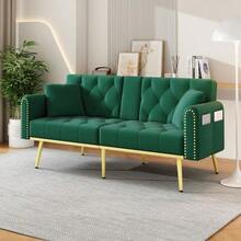 Canapé-lit double convertible avec fonction inclinable, trois positions d'inclinaison et porte-gobelets. Idéal pour le salon, la chambre, la salle de cinéma maison ou la chambre d'amis. Revêtement en tissu. Vert. - Vert sapin - Voir 2