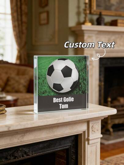 1Pc Personalized Football Sports Ball Acrylic Block, Custom Text Soccer Display Plaque, Clear 100x100mm Decorative Sports Memorabilia, Football Team Player Gift, Trophy Case Shelf Desk Display, Game Room Bedroom Office Decor Use
