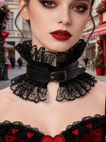 1pc Punk Style Round Metal Ring Leather Choker Necklace - Black XQ-115 - View 6