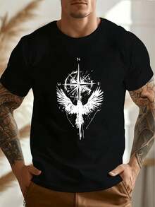 T-shirt n o ir à motif d'aile de boussole, confectionné dans une matière de haute qualité, coupe décontractée et confortable, style hip-hop urbain, imprimé original. - Noir - Voir 1