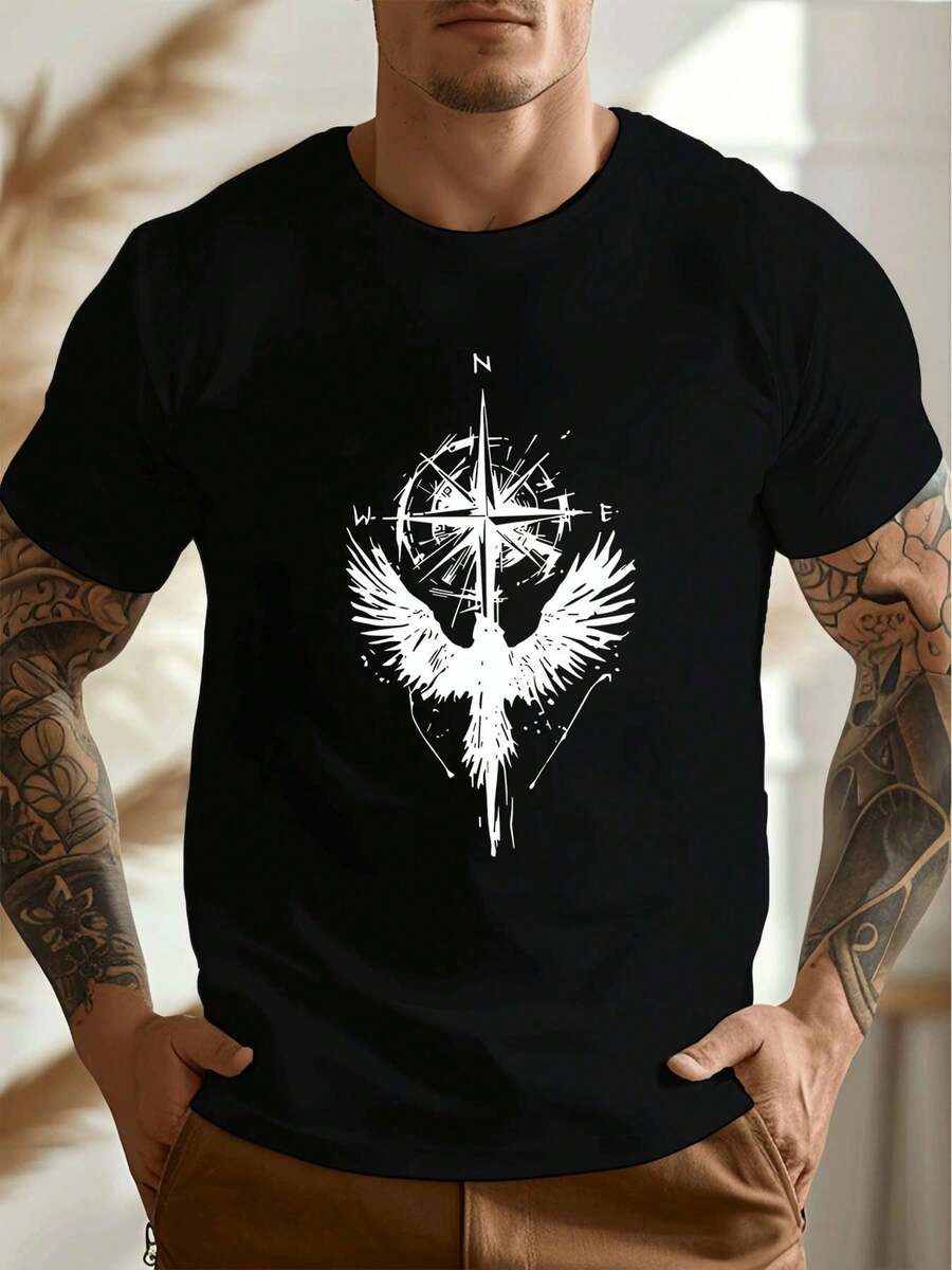 T-shirt n o ir à motif d'aile de boussole, confectionné dans une matière de haute qualité, coupe décontractée et confortable, style hip-hop urbain, imprimé original. - Noir - Voir 1