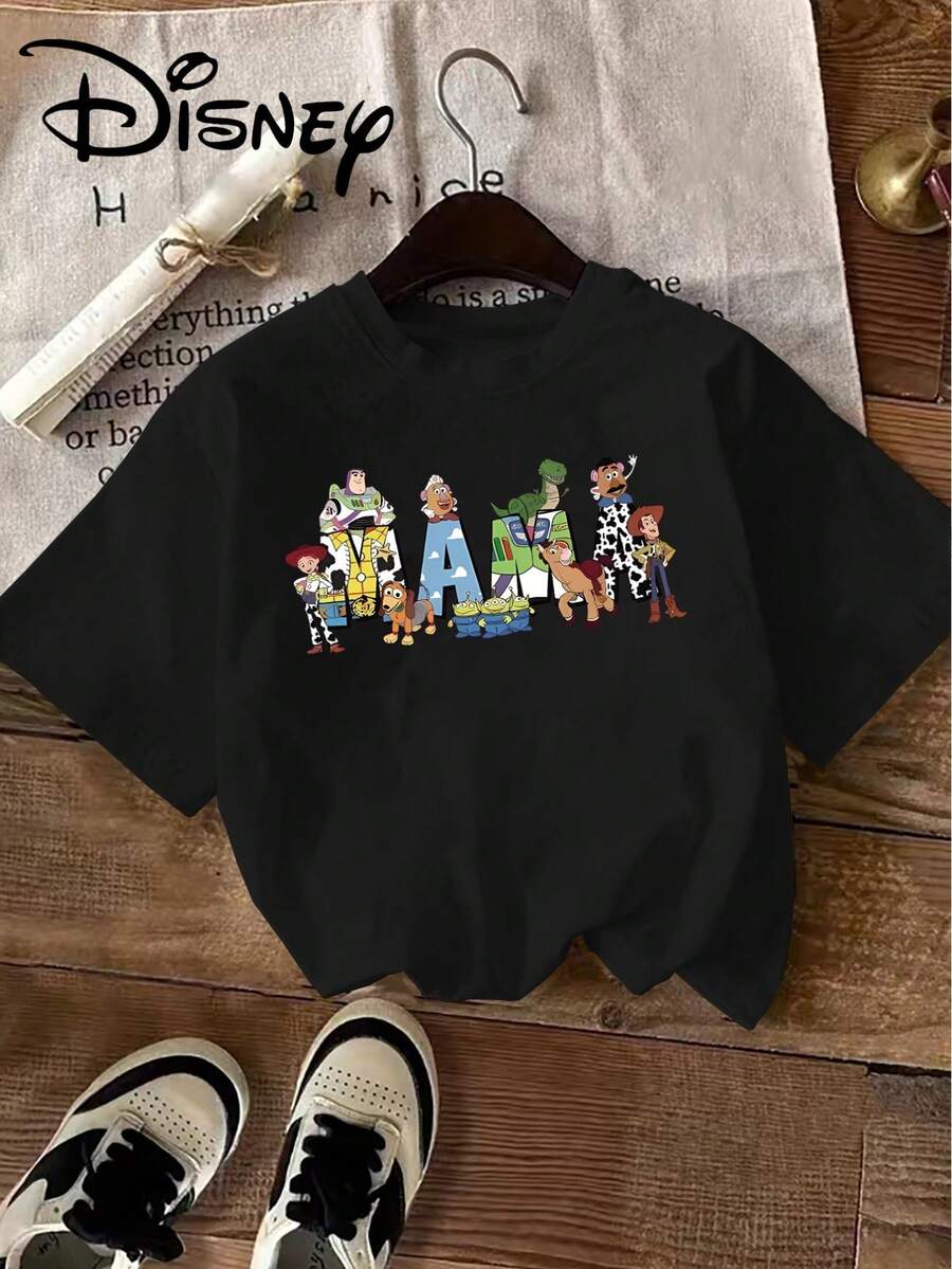 Genuine Disney Has Authorized MAMMA And Rocket Prints Composed Of Cartoon Characters Of Toy Story-Short-Sleeved Cotton T-Shirt, Round Neck Design, Machine Washable, Comfortable And Casual Wear, Men's And Women's T-Shirts. - 黑色 - 查看 1