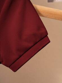 Young Boy's Casual Quarter Button Short Sleeve Polo Shirt With Horse Embroidery, Summer - Burgundy - View 7