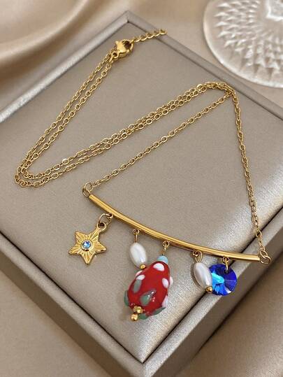 1pc Strawberry Multi Pendant Necklace For Women Charm Pentagram Golden Stainless Steel Chain Necklace For Daily Party Jewelry Valentine Mother Day Gifts