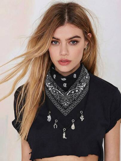 1pc Women's Western Cowgirl Style Bandana, Cactus Western Hat, Cowboy Boots, Horseshoe Pendant Accessories, Versatile For Daily Wear