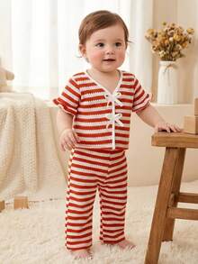 2pcs Baby Girls Striped Bow Blouse And Simple Long Pants Elegant Fashion Outfit - Red - View 8