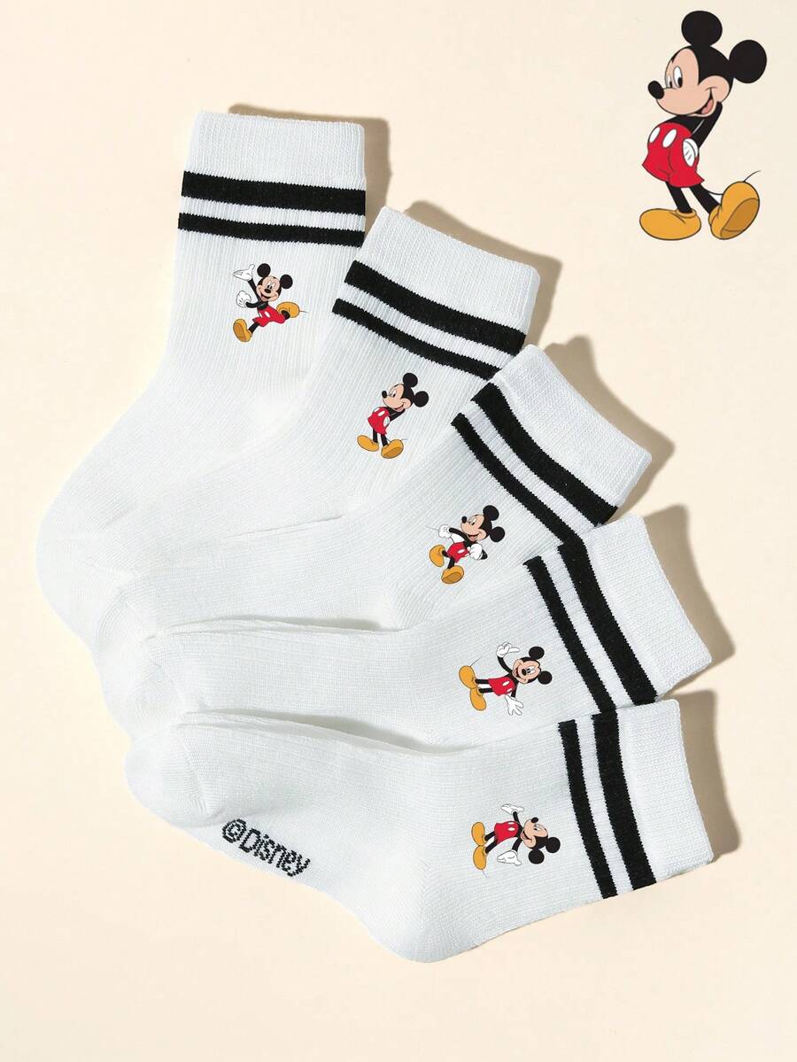 Disney 5 pares de calcetines, calcetines de campus de doble barra para niños de primavera/verano, calcetines deportivos casuales y versátiles con encaje, decorados con un patrón adorable de Mickey Mouse, suaves, transpirables y absorbentes, adecuados para viajes, campus, deportes, regalos festivos, vuelta al colegio y uso diario. - Multicolor - Ver 1