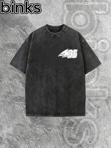 Disney Binks (Double-Sided Printing): Cars: Lightning McQueen Elements Cartoon Print Retro Distressed Washed Short Sleeved T-Shirt, High Street  Brand Loose Short Sleeved T-Shirt. Spring And Summer Fashionable Versatile Top, Holiday Gift, Vintage Print. - 黑色 - 查看 2