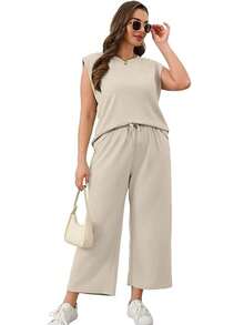 Women's Casual Two Piece Set Travel Vacation Outfit With Wide Leg Crop Pants Set - Beige - View 4