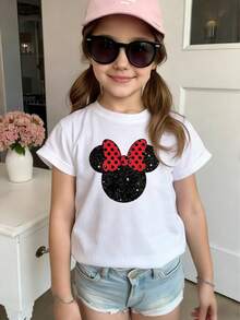 Disney Kids Girls Casual Summer Tee, 2-14 Years, Glittery Iconic Ear Shape Print, Versatile Holiday & Daily Wear, Lightweight & Durable, Express Delivery - Blanc - Voir 1