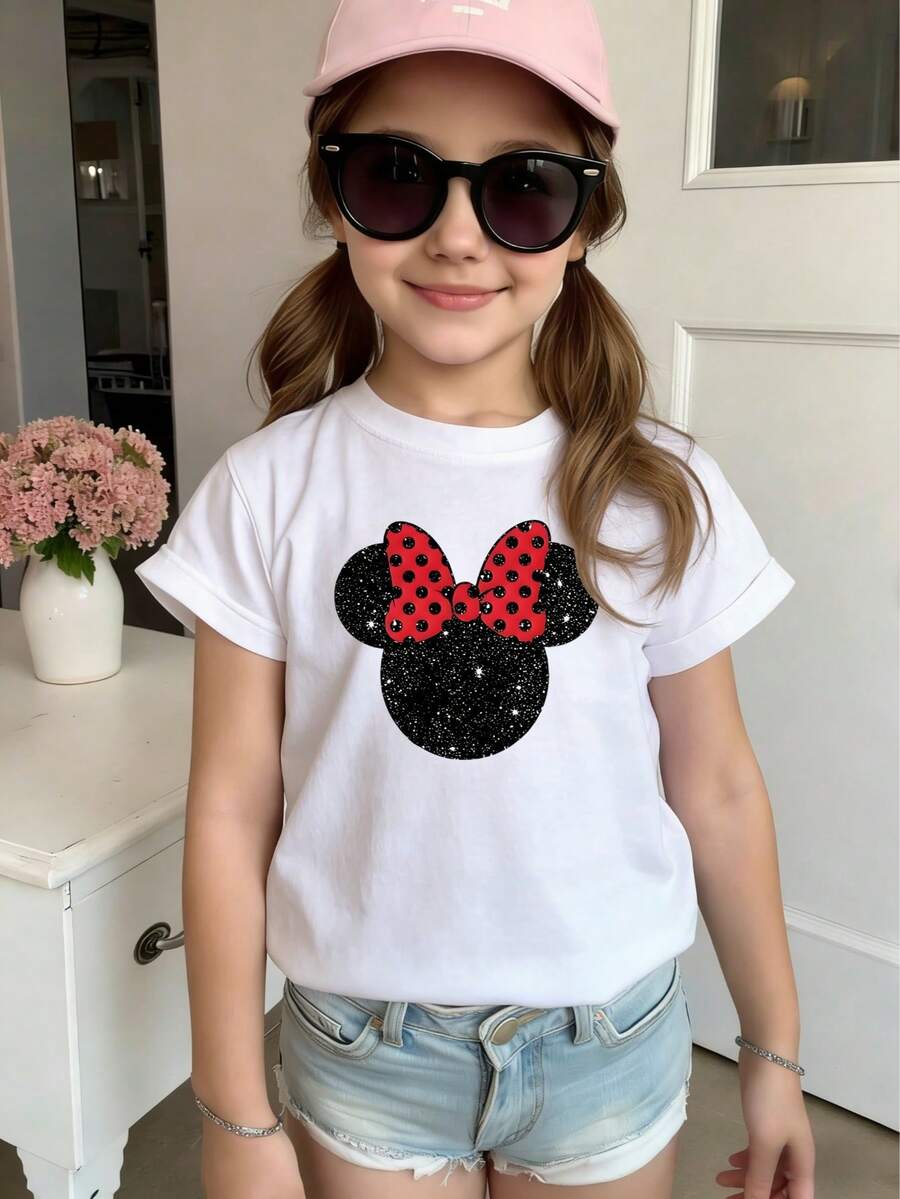 Disney Kids Girls Casual Summer Tee, 2-14 Years, Glittery Iconic Ear Shape Print, Versatile Holiday & Daily Wear, Lightweight & Durable, Express Delivery - Blanc - Voir 1