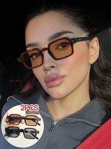 2 PCS Women's Casual Style Square Fashion Glasses Polycarbonate Lightweight Frame Soft Tinted Lenses Suitable For Beach Vacation With Glasses Box - Multicolor - View 2